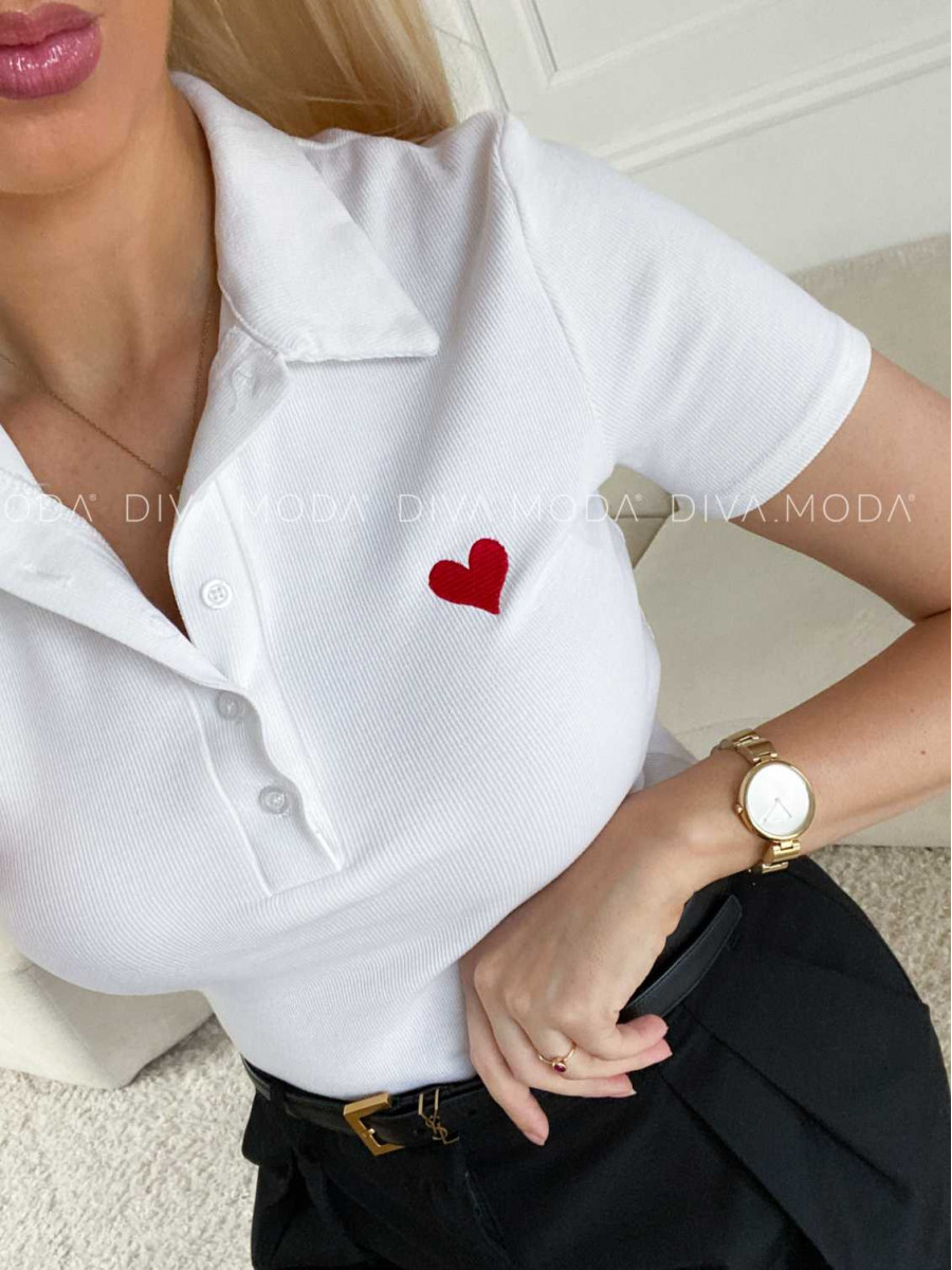 Rebrované polo tričko so srdiečkom biele M 185 Rebrované polo tričko so srdiečkom biele M 185