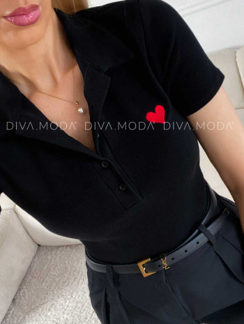 Rebrované polo tričko so srdiečkom čierne M 185 Rebrované polo tričko so srdiečkom čierne M 185
