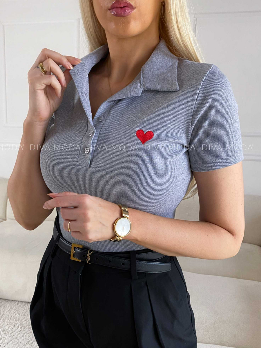 Rebrované polo tričko so srdiečkom sivé M 185