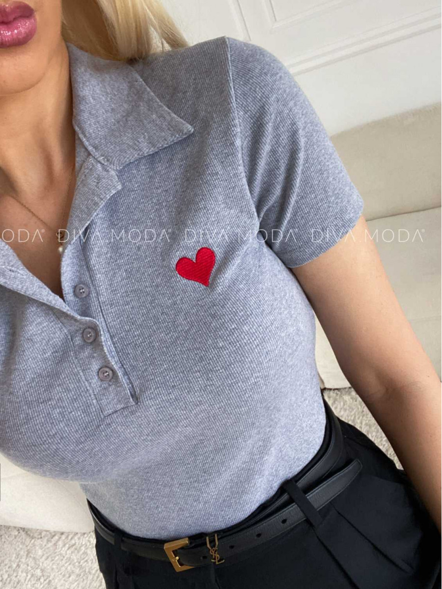 Rebrované polo tričko so srdiečkom sivé M 185