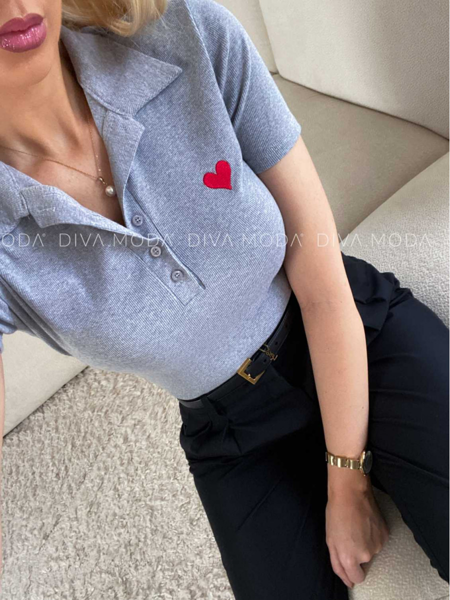 Rebrované polo tričko so srdiečkom sivé M 185
