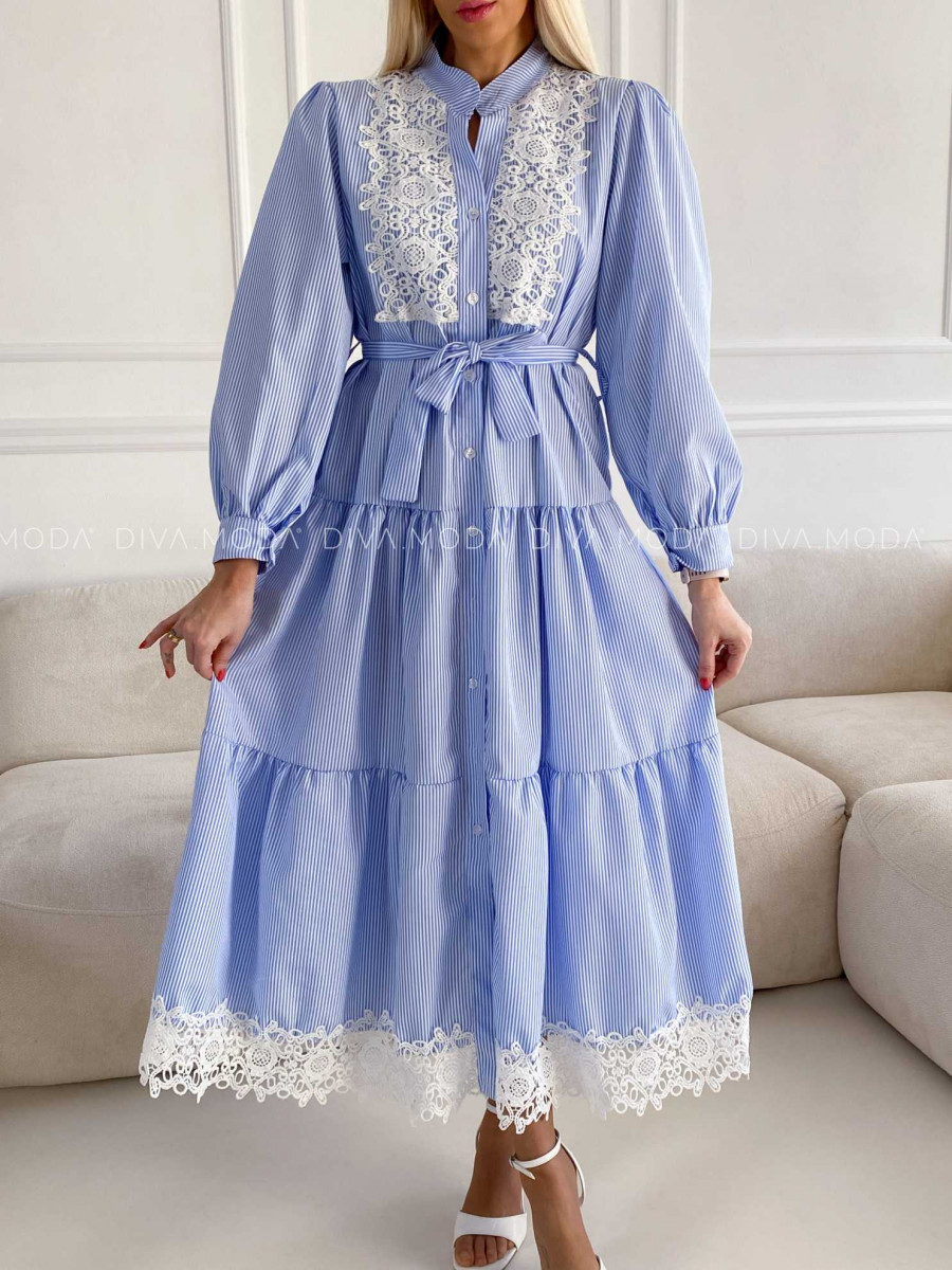 Elegantné pruhované šaty s krajkou modré M 208 Elegantné pruhované šaty s krajkou modré M 208