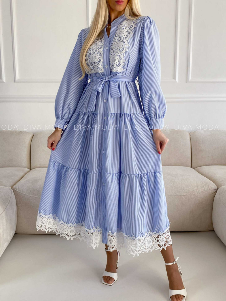 Elegantné pruhované šaty s krajkou modré M 208 Elegantné pruhované šaty s krajkou modré M 208