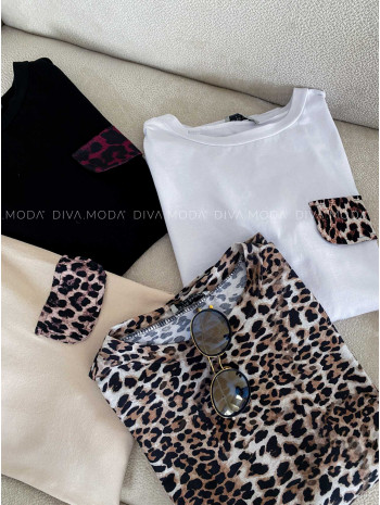 Bavlnené tričko s leopardm vreckom biele M 167