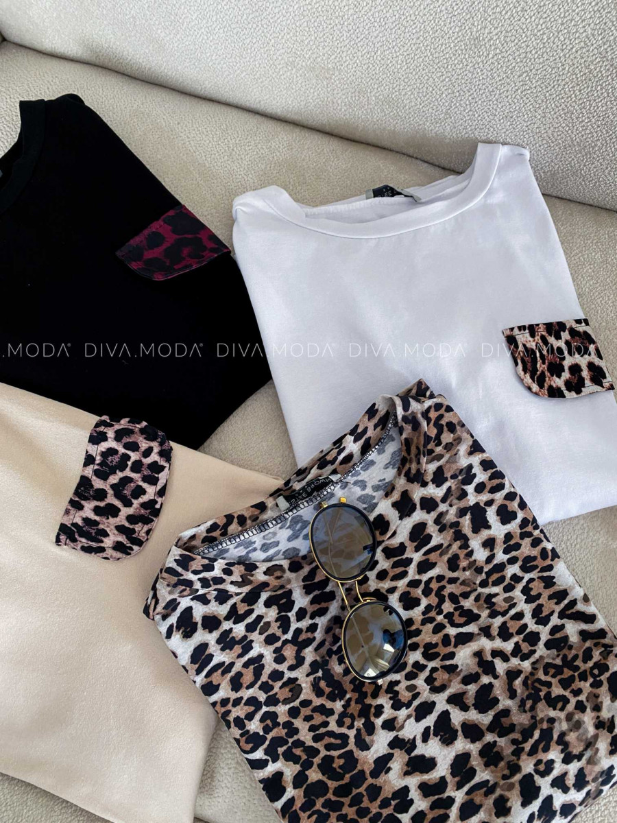 Bavlnené tričko s leopardm vreckom biele M 167