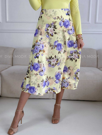 Saténová kvetovaná midi sukňa žltá M 286