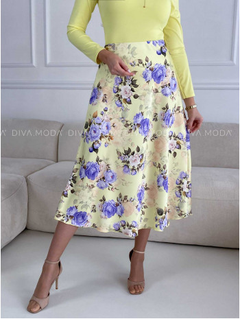 Saténová kvetovaná midi sukňa žltá M 286