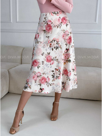 Saténová kvetovaná midi sukňa cream M 286