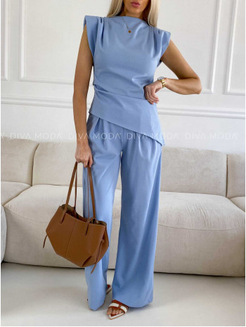 Elegantný komplet šikmý top + nohavice modrý M 301