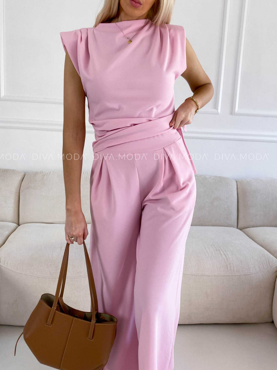 Elegantný komplet šikmý top + nohavice ružový M 301