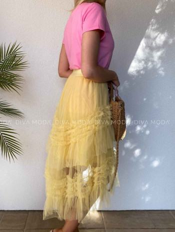 Midi riasená asymetrická tylová sukňa žltá M 444