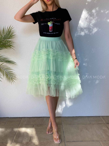 Midi riasená asymetrická tylová sukňa pistáciová M 444