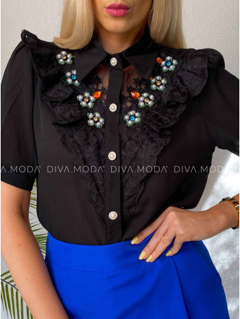 Blúzka s kamienkovými kvetmi čierna M 439