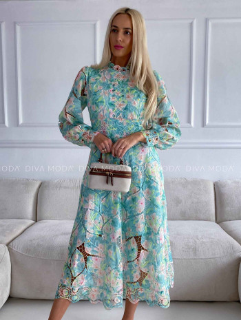 Háčkované maxi šaty Poline nature mint-zelené M 507