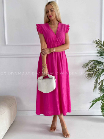 Midi mušelínové šaty s volánikmi na ramenách Zoe fuchsia K 337 