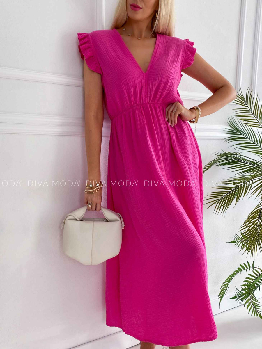 Midi mušelínové šaty s volánikmi na ramenách Zoe fuchsia K 337 
