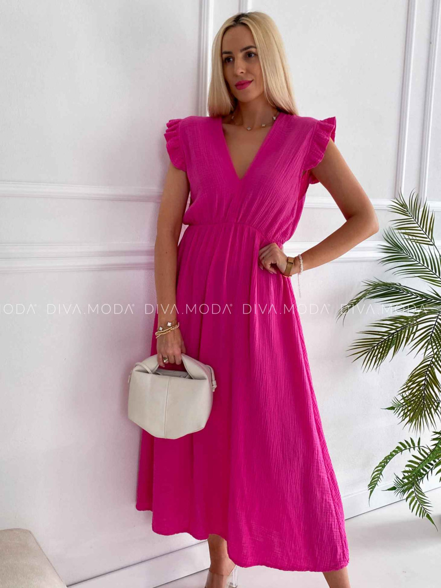 Midi mušelínové šaty s volánikmi na ramenách Zoe fuchsia K 337 