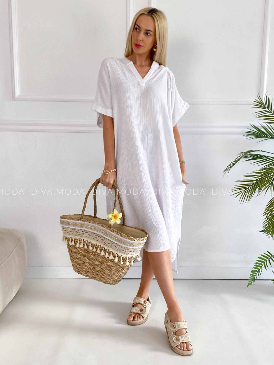 Oversize midi mušlínové šaty s kapucňou biele K 331