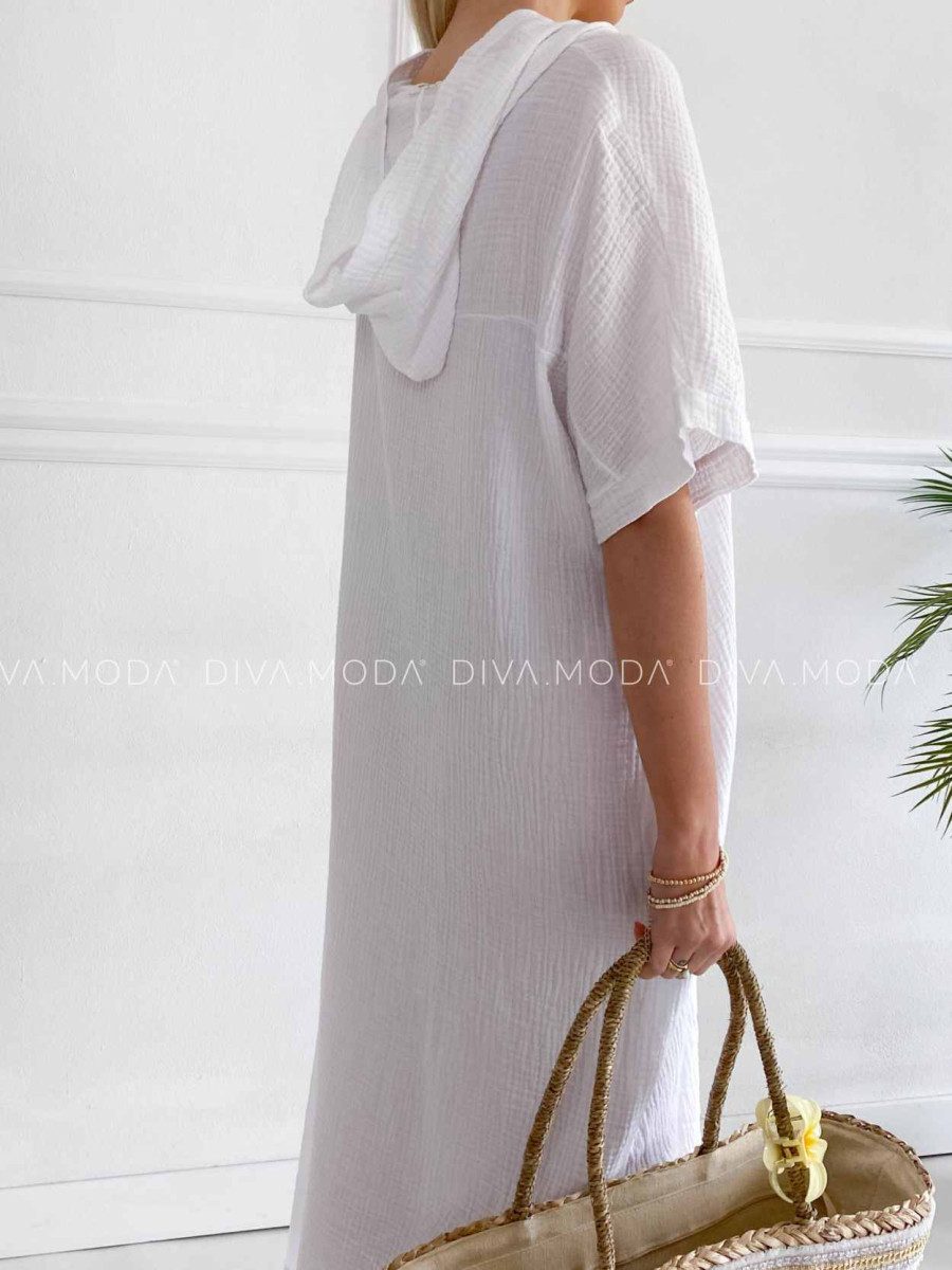 Oversize midi mušlínové šaty s kapucňou biele K 331