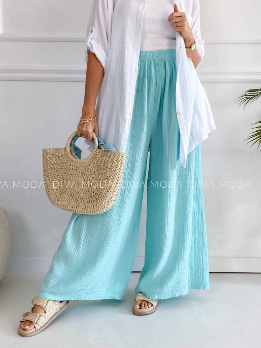 Mušelínové bavlnené nohavice wide leg mint K 336 Mušelínové bavlnené nohavice wide leg mint K 336