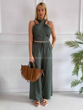Komplet krížený top + nohavice khaki K 356