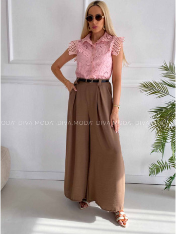 Ľahké nohavice so skladmi a opaskom wide leg mokka K 303