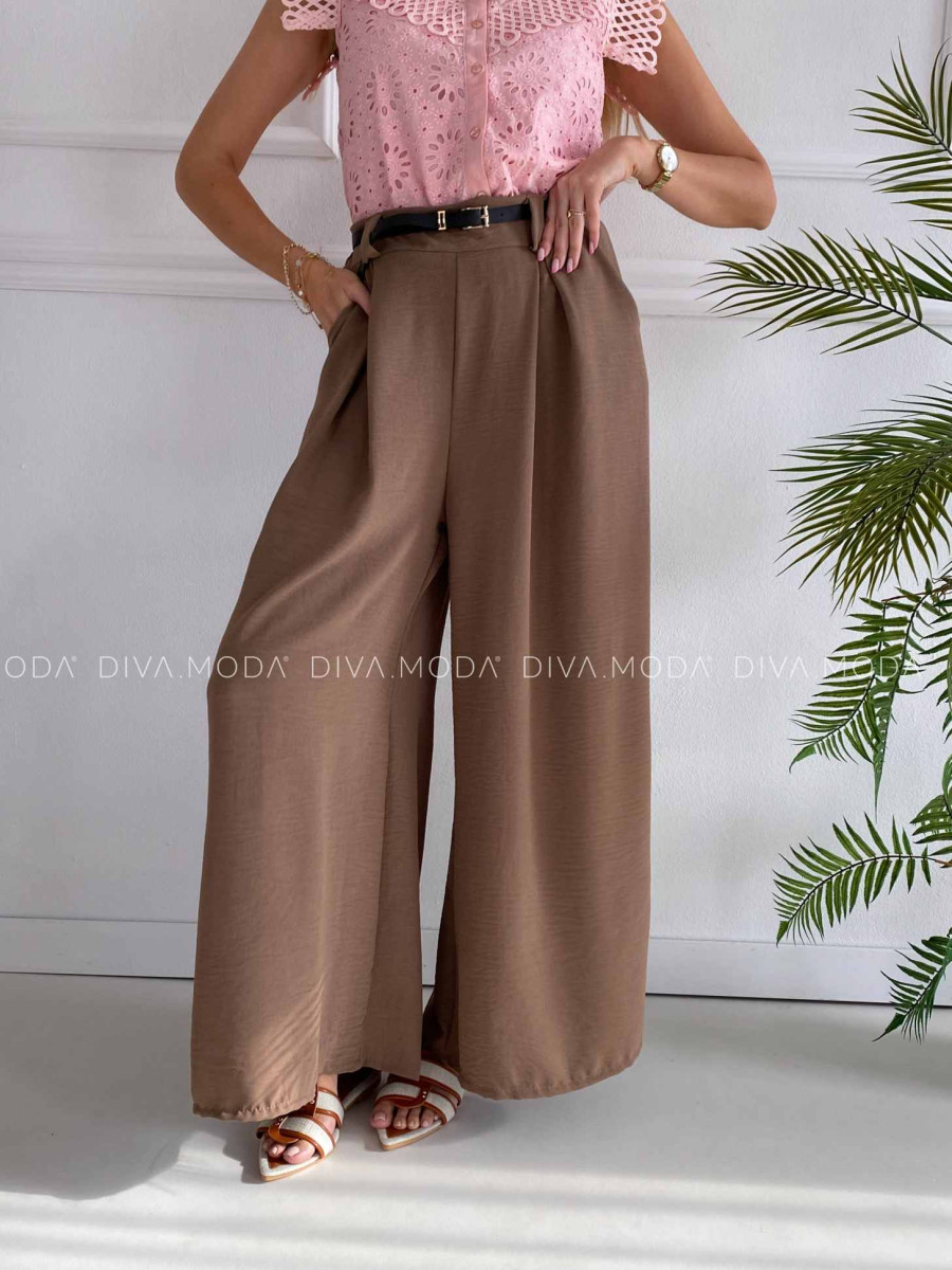 Ľahké nohavice so skladmi a opaskom wide leg mokka K 303