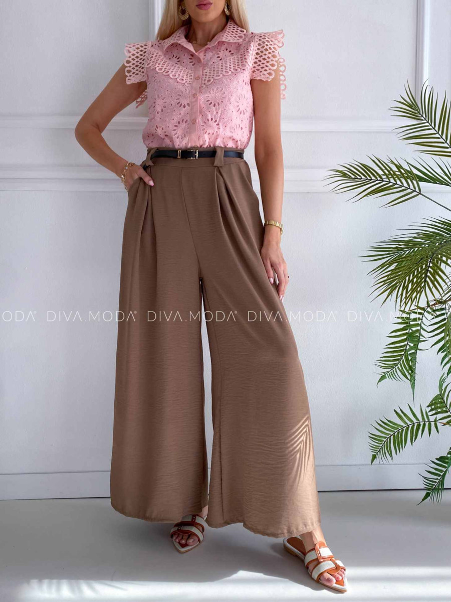 Ľahké nohavice so skladmi a opaskom wide leg mokka K 303
