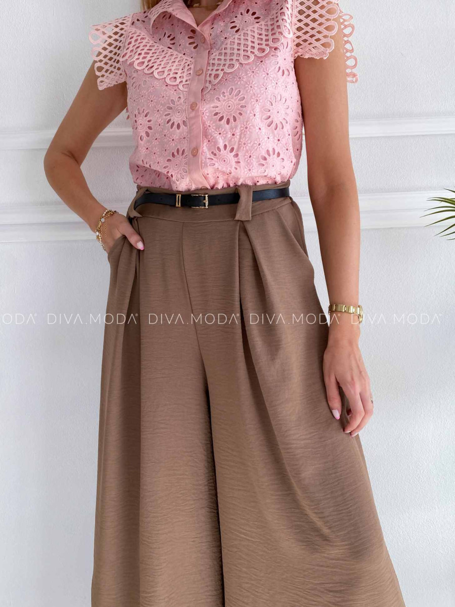 Ľahké nohavice so skladmi a opaskom wide leg mokka K 303