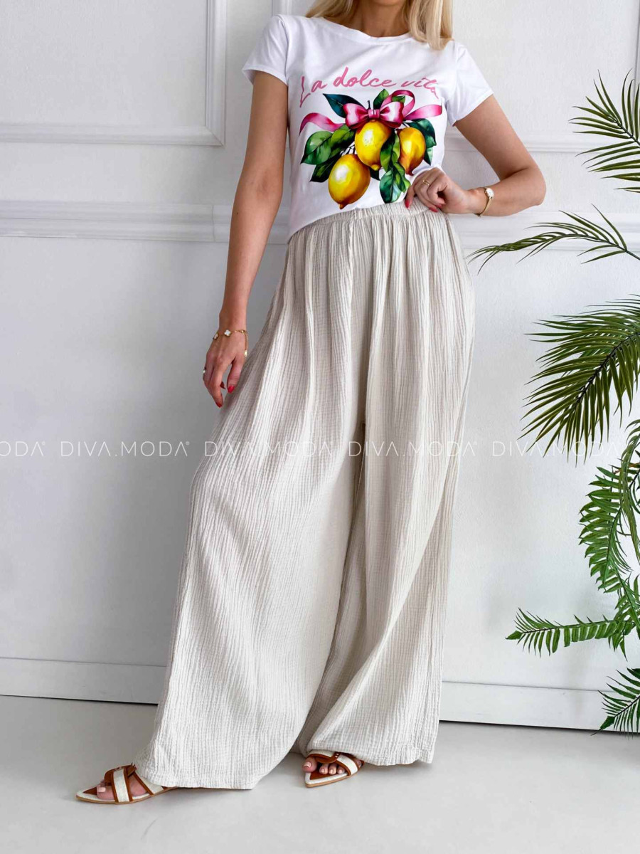 Mušelínové bavlnené nohavice wide leg béžové K 336 Mušelínové bavlnené nohavice wide leg béžové K 336