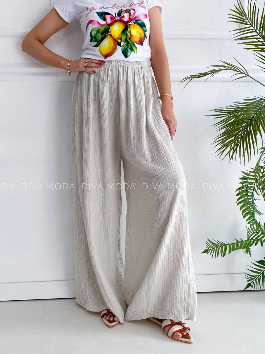 Mušelínové bavlnené nohavice wide leg béžové K 336 Mušelínové bavlnené nohavice wide leg béžové K 336