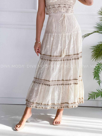 Maxi dietovaná sukňa s krajkou vanilková M 173