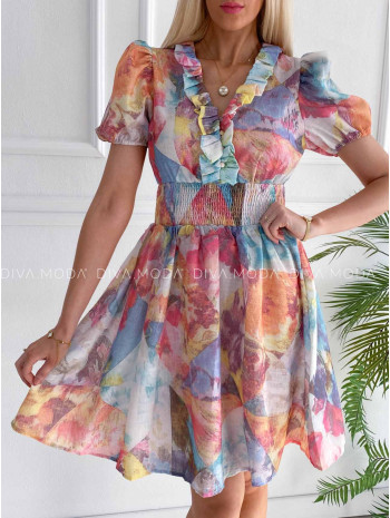 Krátke šaty s volánikom na dekolte multicolor M 329