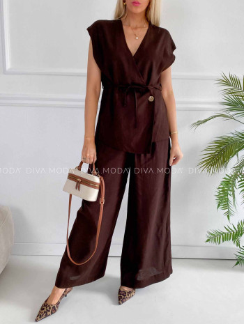 Komplet s prímesou ľanu zavinovacia vesta + nohavice čokoládový K 375