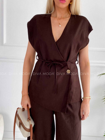 Komplet s prímesou ľanu zavinovacia vesta + nohavice čokoládový K 375