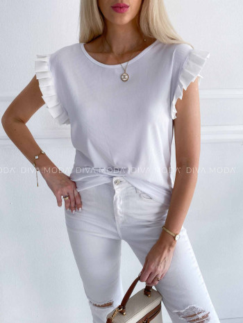 Rebrovaný top so saténovými volánikmi na ramenách biely K 387