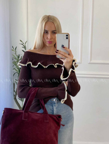 Sveter off shoulders s lemom čokoládový A 49