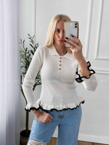 Sveter s kamienkovými gombíkmi a lemom biely A 48
