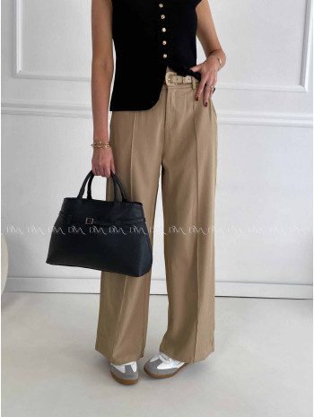 Široké nohavice wide leg s pukom hnedá latté A 47