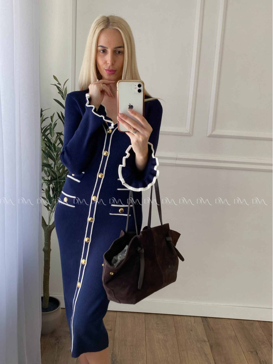 Úpletové midi šaty s gombíkmi a volánmi na rukách navy blue A 66