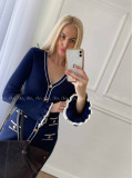 Úpletové midi šaty s gombíkmi a volánmi na rukách navy blue A 66
