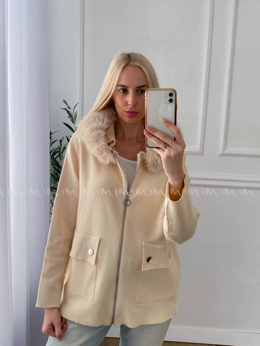 Úpletová bundička na zips s kožušinou vanilková A 53