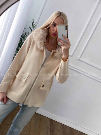 Úpletová bundička na zips s kožušinou vanilková A 53