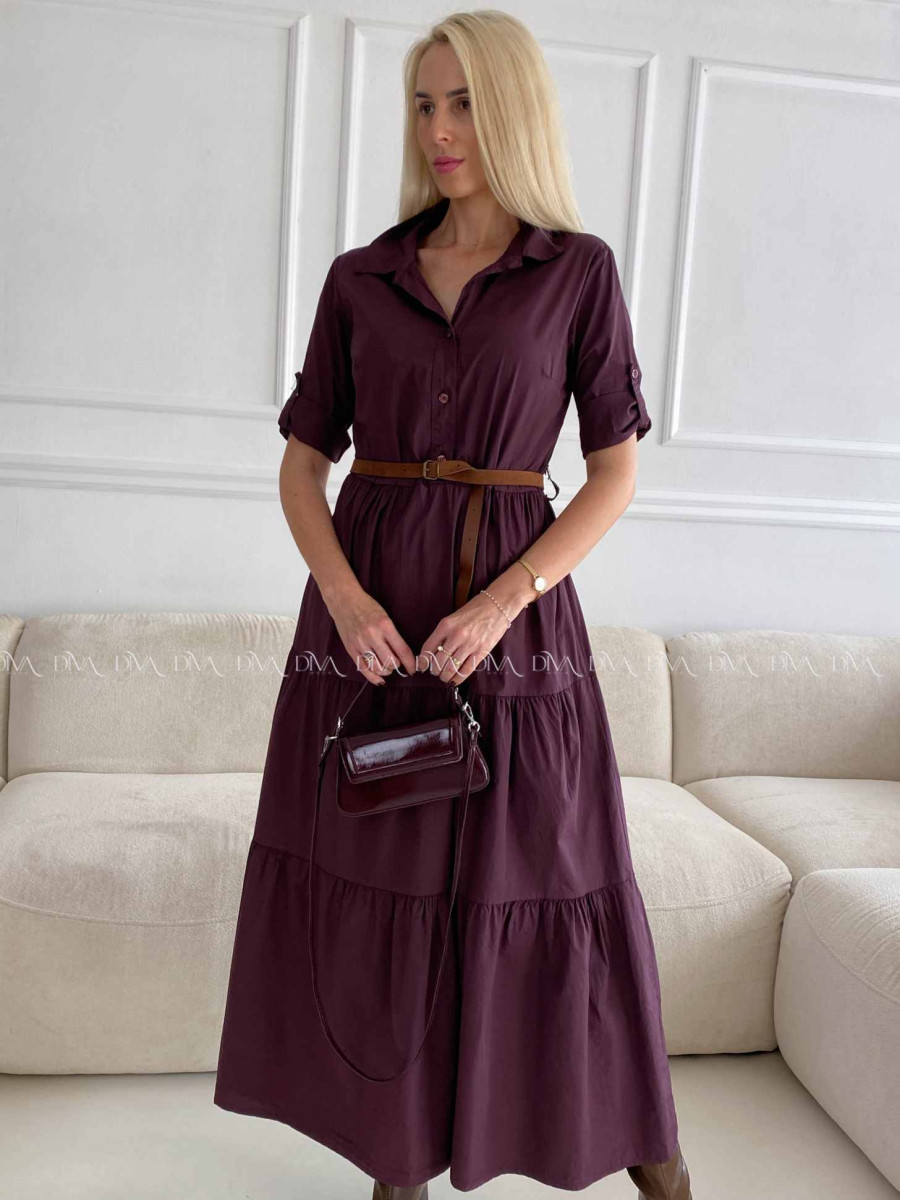 Košeľové maxi šaty s opaskom burgundy A 99 Košeľové maxi šaty s opaskom burgundy A 99