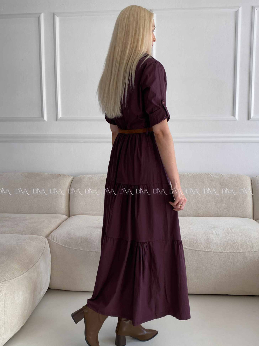 Košeľové maxi šaty s opaskom burgundy A 99 Košeľové maxi šaty s opaskom burgundy A 99