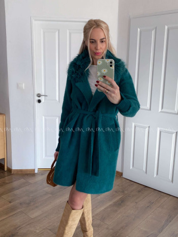 Alpaka kabát s kožušinou a opaskom prtrolejovo- smaragdový S 68