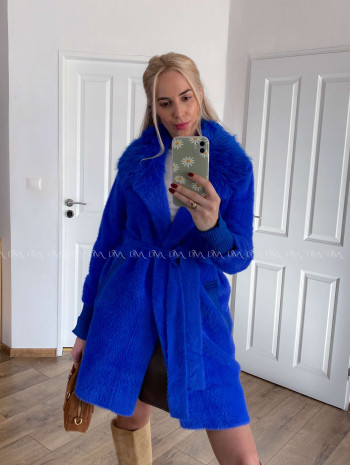 Alpaka kabát s kožušinou a opaskom kráľovská modrá S 68