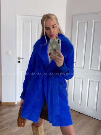 Alpaka kabát s kožušinou a opaskom kráľovská modrá S 68
