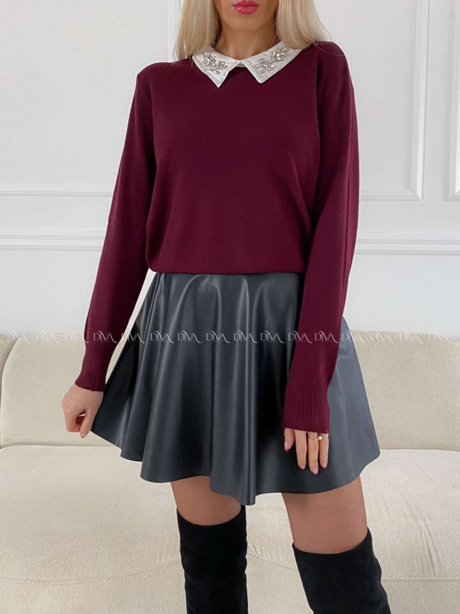 Sveter so zdobeným golierom burgundy  A 147