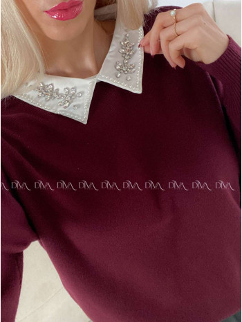 Sveter so zdobeným golierom burgundy  A 147